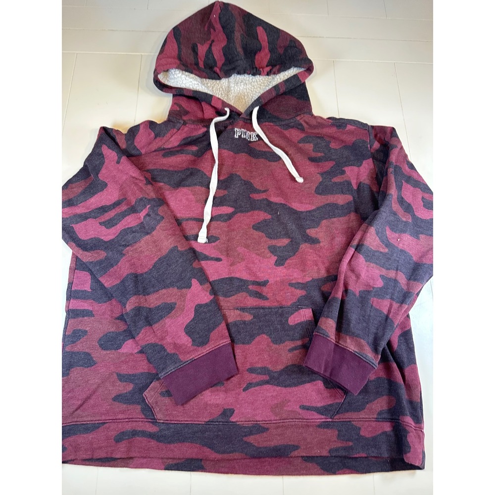 PINK Victoria's Secret Hoodie Women Large Burgundy Camo Sequin Logo Sherpa Hood